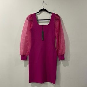 NWT House of Harlow 1960 Fuchsia Sheer Puff Long Sleeve Knit Midi Dress Sz XS